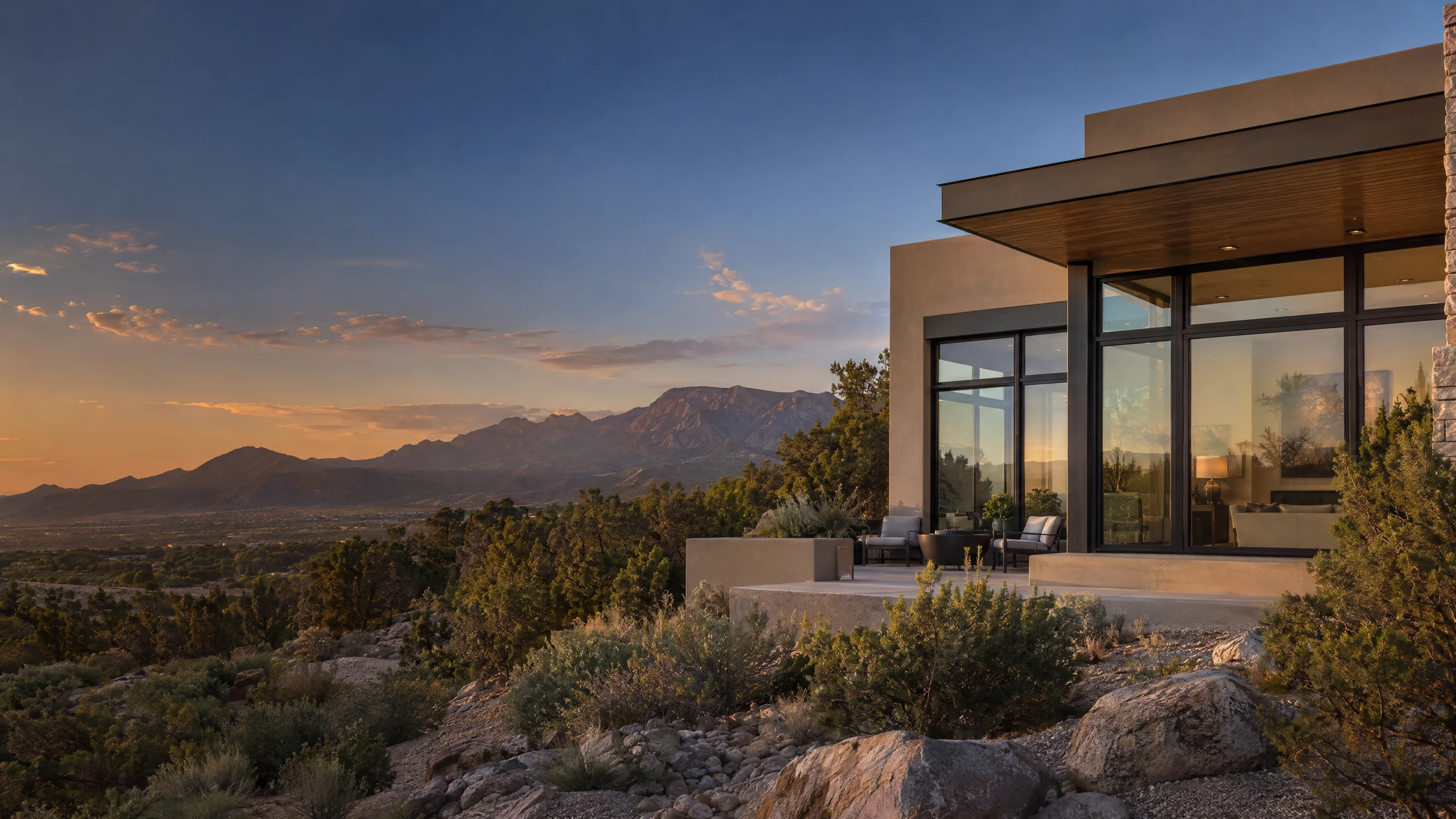 Illustrative Placitas home with windows and Sandia Mountain view