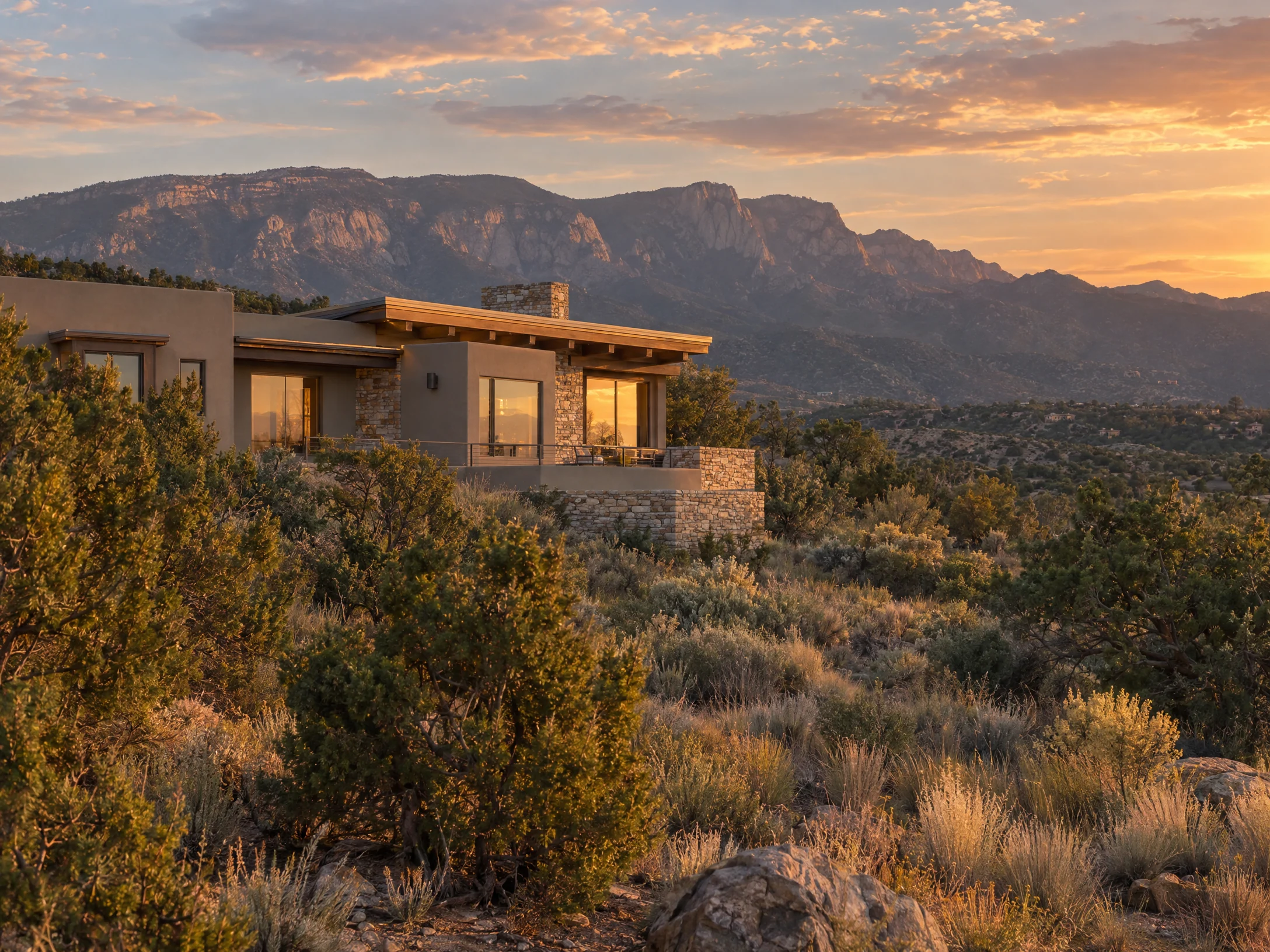 Illustrative high-desert Placitas home and mountain setting